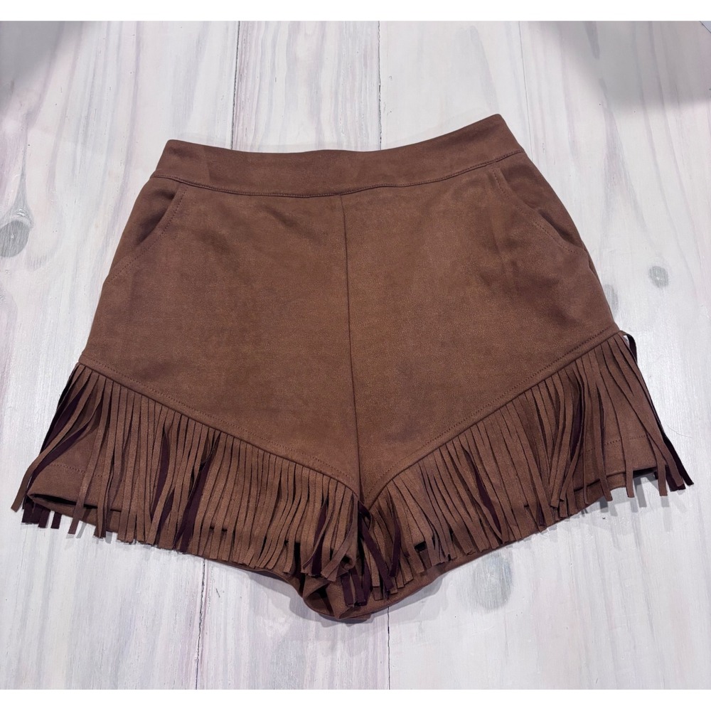 Oddy Brown Faux Suede Fringe Hem Shorts Elastic Waist IP14271 Womens Size M